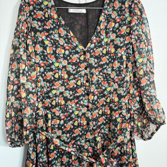 Mango Floral Button Down Puff Sleeve Maxi Dress Plus Size 22 Black - Picture 6 of 7